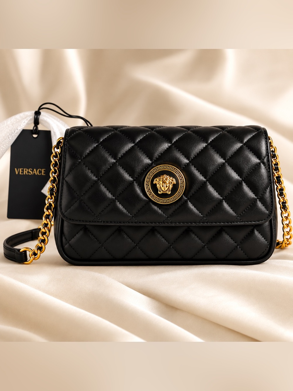 Black Quilted Chain Shoulder Bag with Gold Hardware
